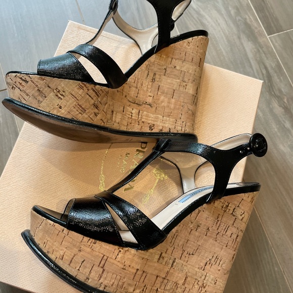 Prada Cork Wedge Saffiano Leather Sandals - Picture 2 of 4